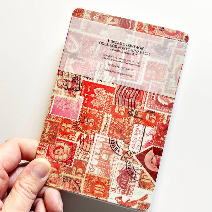 Jillian Kaye Art - Wholesale Postcard Set - Rainbow Vintage Postage Collage 4x6 Postcard Pack1