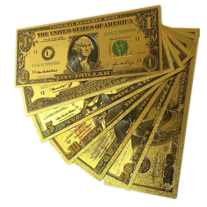 24k guldbelagt falsk pengeseddelvaluta sæt med 7 for engroshandel hos Blinkee.com, LLC