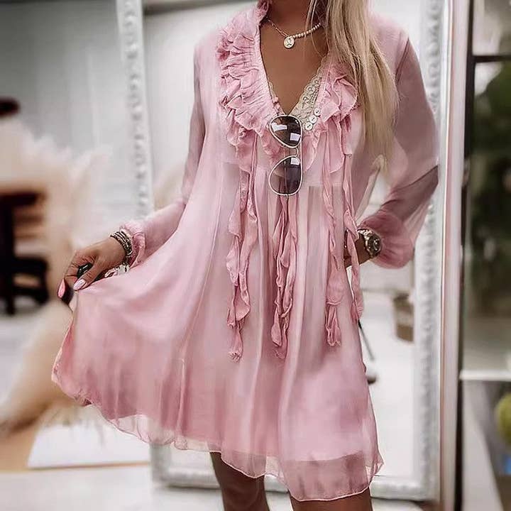 Loose Lace Trim Long Sleeve Dress for wholesale by FurDecoration