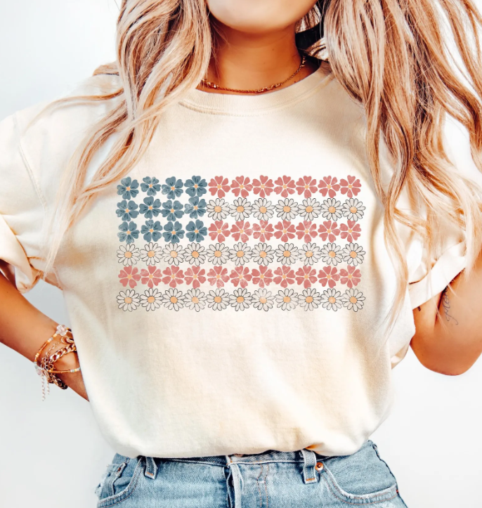Eleven Fashion - Wholesale Screen Printed T-Shirt - Women's - Floral American Flag Shirt, 4th of July Shirt0