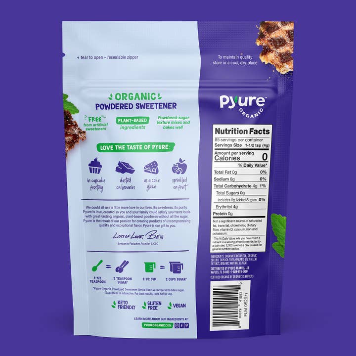 Pyure Organic - Wholesale Sugar/Sweetener - Organic Powdered Sweetener Stevia Blend, 12 oz.