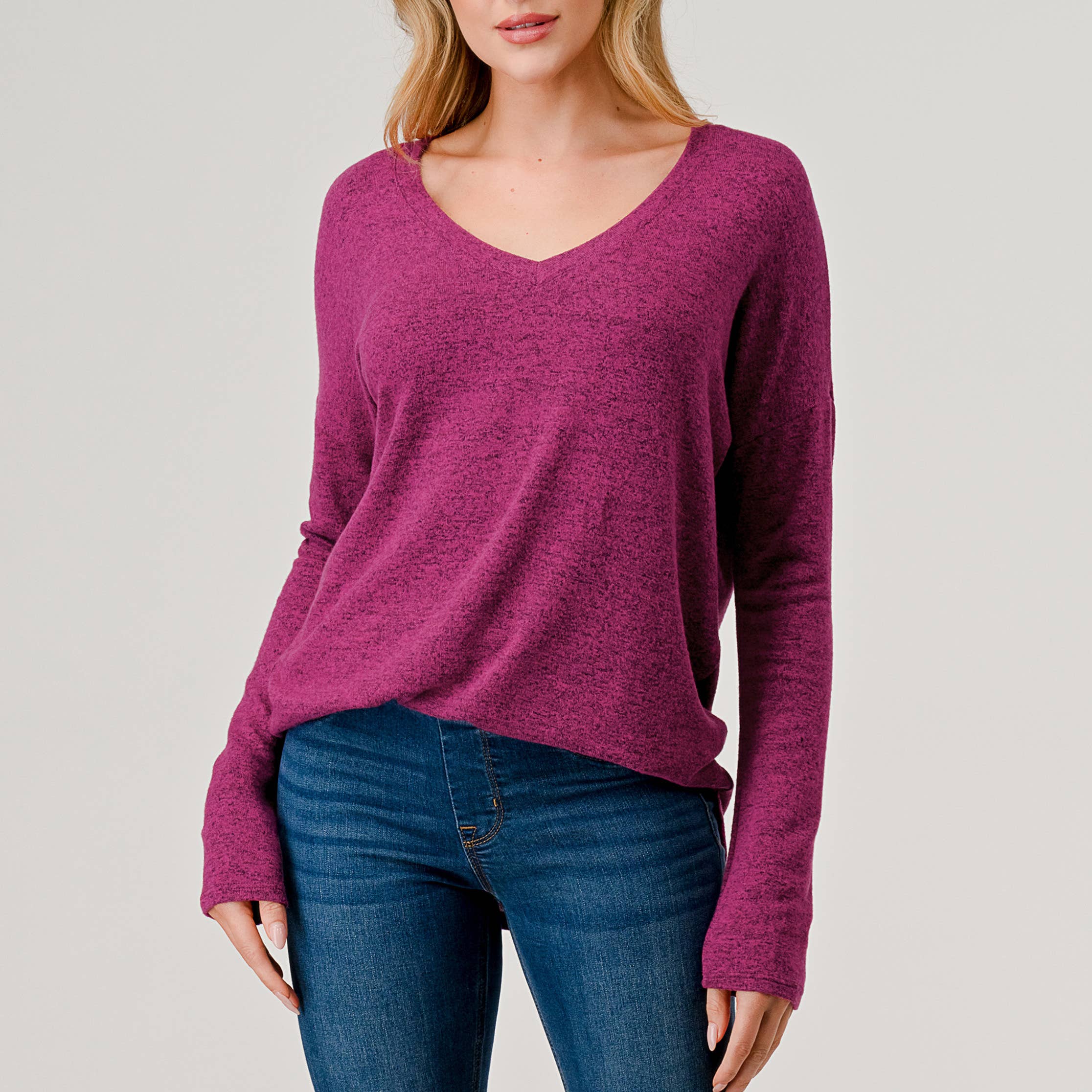 Heimious - Wholesale Knit Top - Women's - Long Sleeve V-neck Brushed Knit Top, 27387