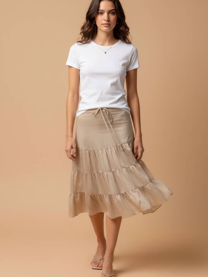 Linen Drop Waist Tiered Midi Skirt for wholesale by Naked Zebra