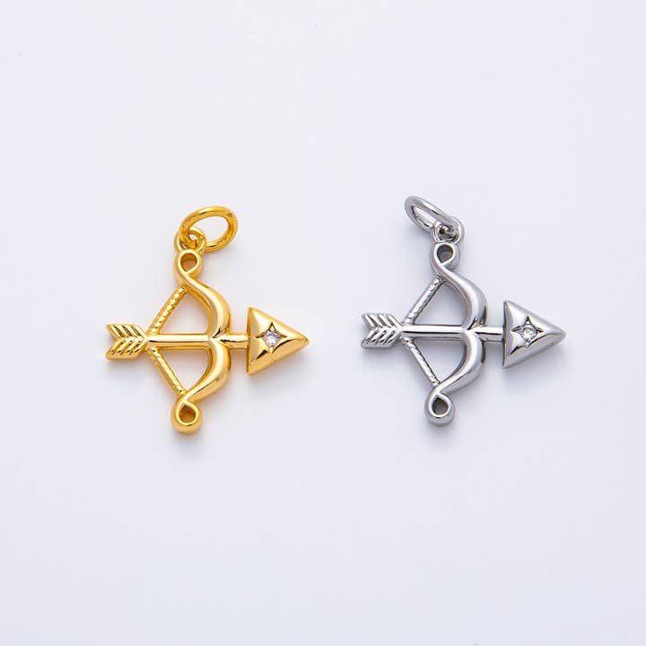 18K Gold Filled 22mm Round CZ Archery Bow Arrow Charm in Gold & Silver | AF1360 for wholesale by Aim Eternal