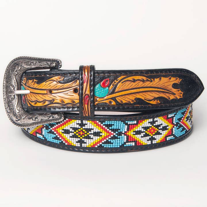 LS Western - Wholesale Belt – Women's - LC-ADBLF147 Black Beaded Western Belt - Geometric Pattern & Tooled Feather Detail1