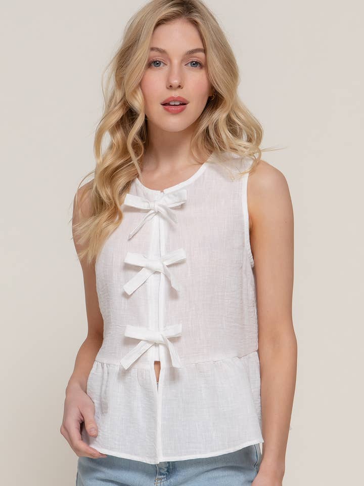 Active Basic | Active USA - Wholesale Tank Top - Women's - Sleeveless Front Bow Tie Linen Effect Top