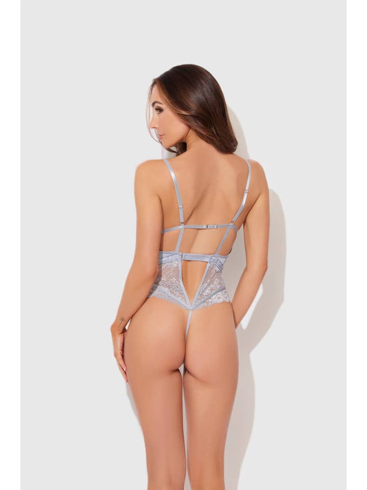 STONE BLUE SIENNA SATIN & LACE WIRELESS TEDDY for wholesale on Faire