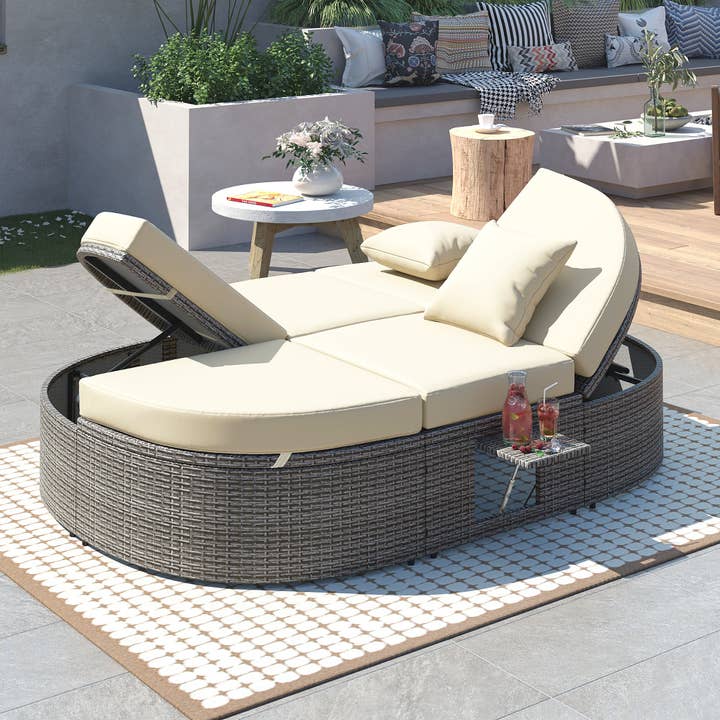 Orange County Decor - Wholesale Patio Couch - Outdoor Sun Bed Patio 2 Person Daybed With Cushions And Pillows, Rattan Garden Reclining Chaise Lounge With Adjustable Backrests And Foldable Cup Trays For Lawn, Poolside, Beige Yes Complete Patio