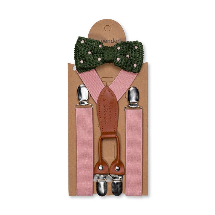 Pink suspenders with green bow tie for wholesale by Olivia & Oliver