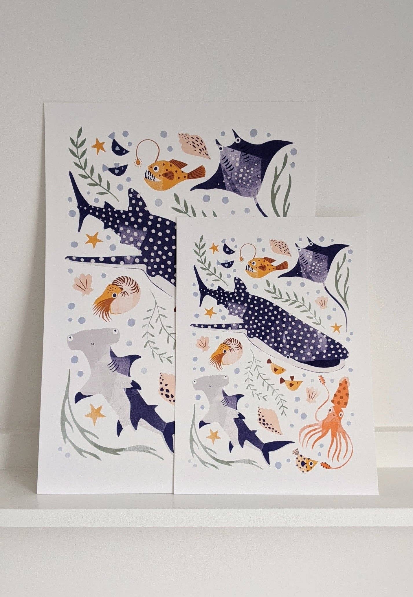 Slow Sunday - Wholesale Art Print - Kids & Baby - ‘Deep Blue Sea’ Whale Shark, Hammerhead And Sea Creatures Fine Art Print For Children1