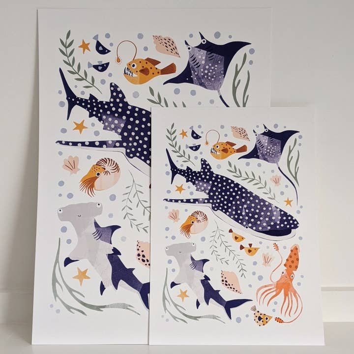 Slow Sunday - Wholesale Art Print - Kids & Baby - ‘Deep Blue Sea’ Whale Shark, Hammerhead And Sea Creatures Fine Art Print For Children1