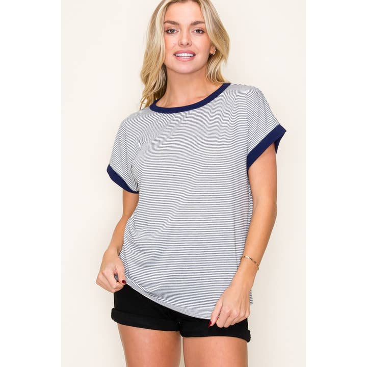 STACCATO - Wholesale Knit Top - Women's - COLOR TRIMMED PINSTRIPE TOP