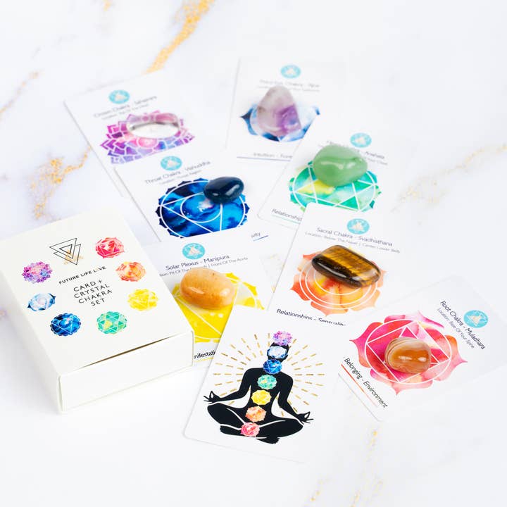 Chakra Card Set With 8 Cards and 7 Crystal Set White Box for wholesale on Faire5