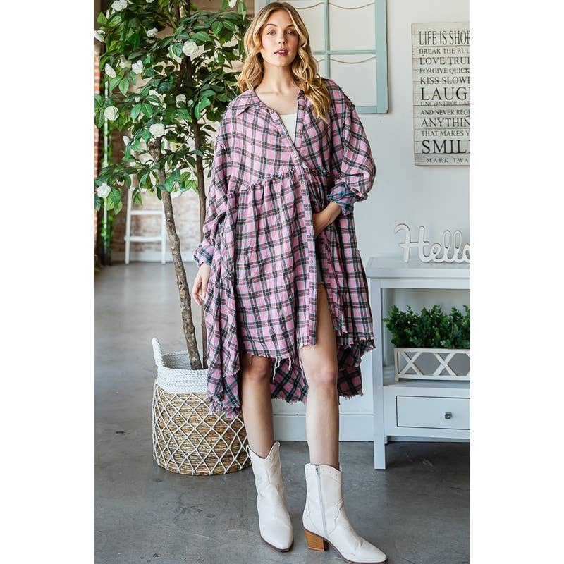 Oli&Hali - Wholesale Shirt - Women's - WASHED TIERED RUFFLE BACK DETAIL PLAID TUNIC SHIRT12