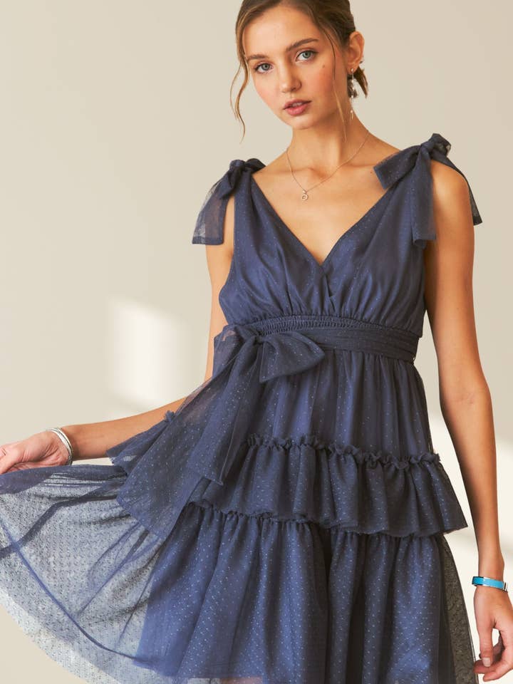 ADORA LA - Wholesale Dress - Women's - CED3533WN - TIE SHOULDER POLKA DOT MESH DRESS