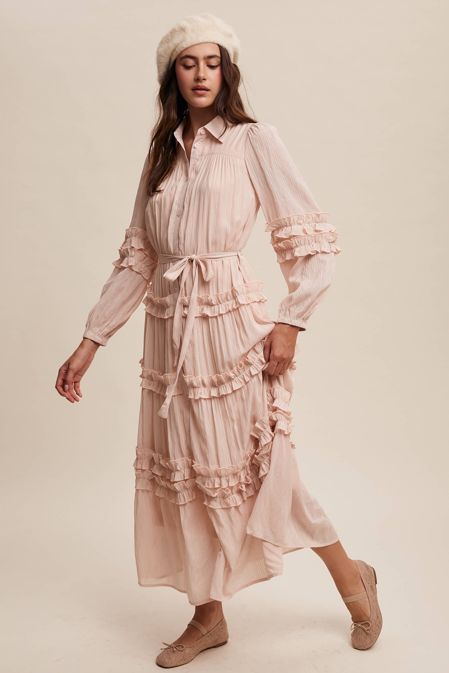Listicle - Wholesale Dress - Women's - Ruffled Belted Maxi Shirt Dress LD149623