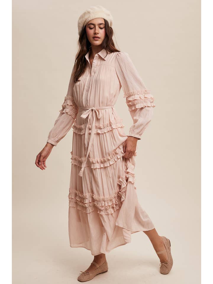 Listicle - Wholesale Dress - Women's - Ruffled Belted Maxi Shirt Dress LD149623