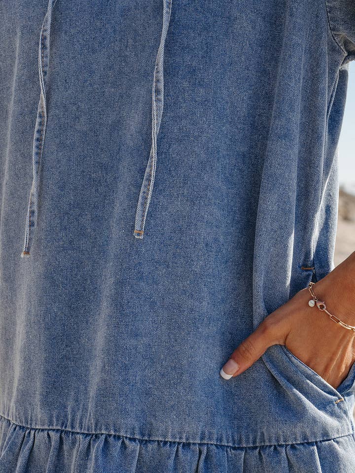 Dusk Blue Ruffled Collared Puff Sleeve Denim Mini Dress for wholesale on Faire21