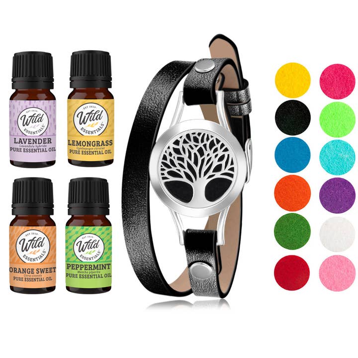 Tree of Life Black Leather Bracelet Diffuser w/ 4 Oils for wholesale by Wild Essentials