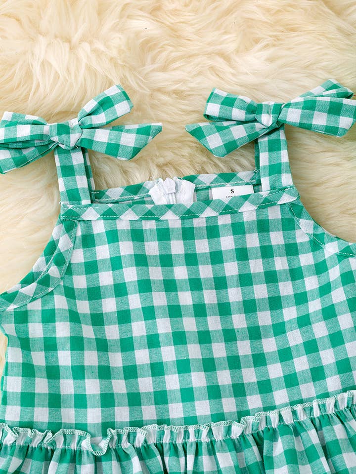 Kids Charm Online - Wholesale Top & Short Set - Kids - Green gingham ruffle top & denim shorts. OFG50409 amy