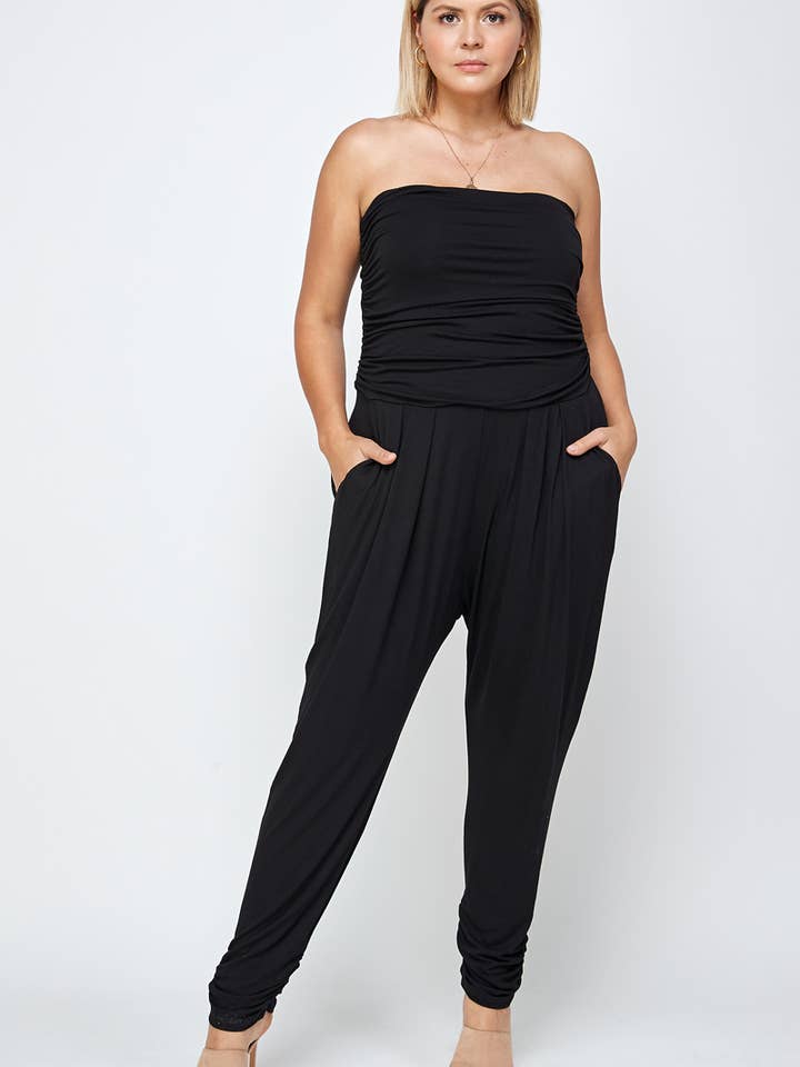 Plus Size Solid Strapless Jumpsuit WG11548-P for wholesale by Haute Fox Plus Size & Contemporary