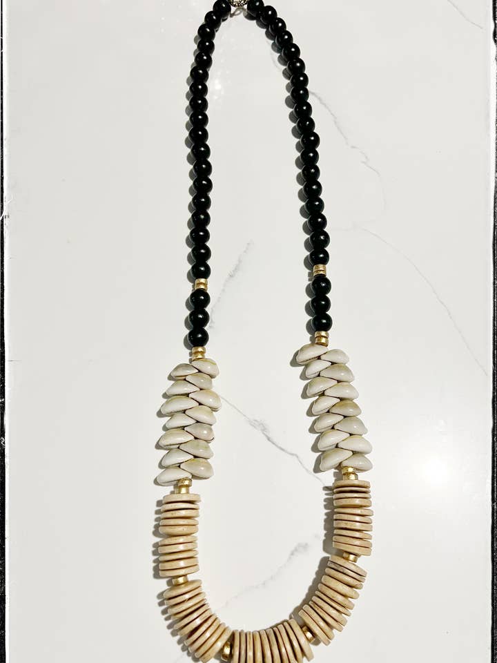 Black Coconut Wood Round Bead & Cowrie Sea Shell Necklace for wholesale by GentrybyJenna