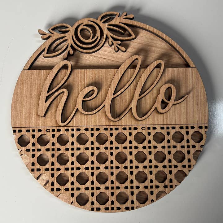 DIY de panneau de porte rond en rotin et rose "Flower-Hello" | Panneau en bois pour la vente par Kate's Blanks