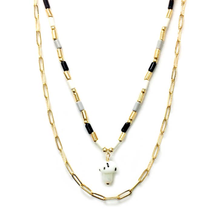 Mushroom Glass Charm Drop 2 Row Barrel Beaded Necklace for wholesale by StarryNYC