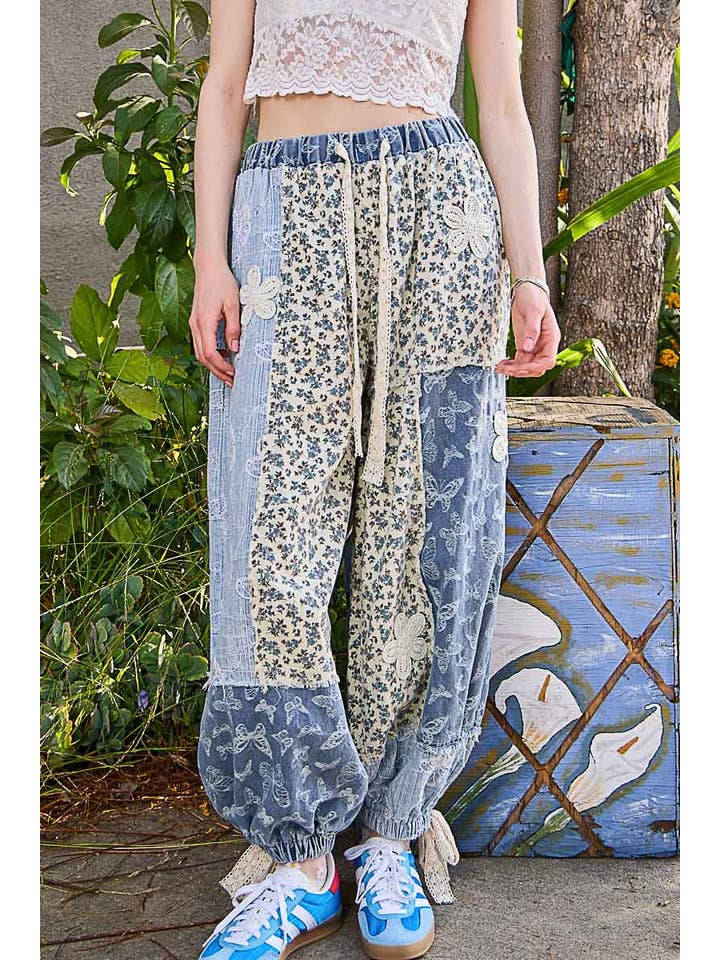 Pol Clothing - Wholesale Pants - Women's - Crochet patch detail contrast patchwork printed woven pants6