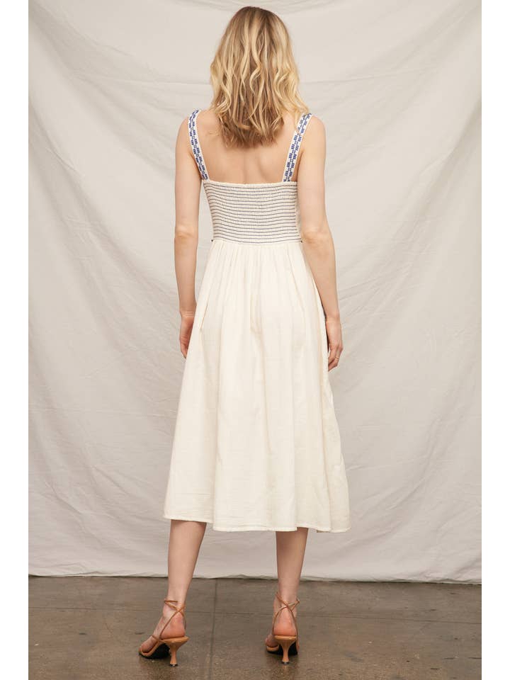 Ivory Blue Button Down Embroidery Midi Dress for wholesale on Faire