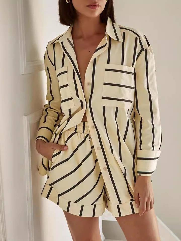 HIDDENBRAND - Wholesale Top & Short Set (NOT Loungewear) - Women's - Smart Casual Striped Contrasting Shirt Shorts Set
