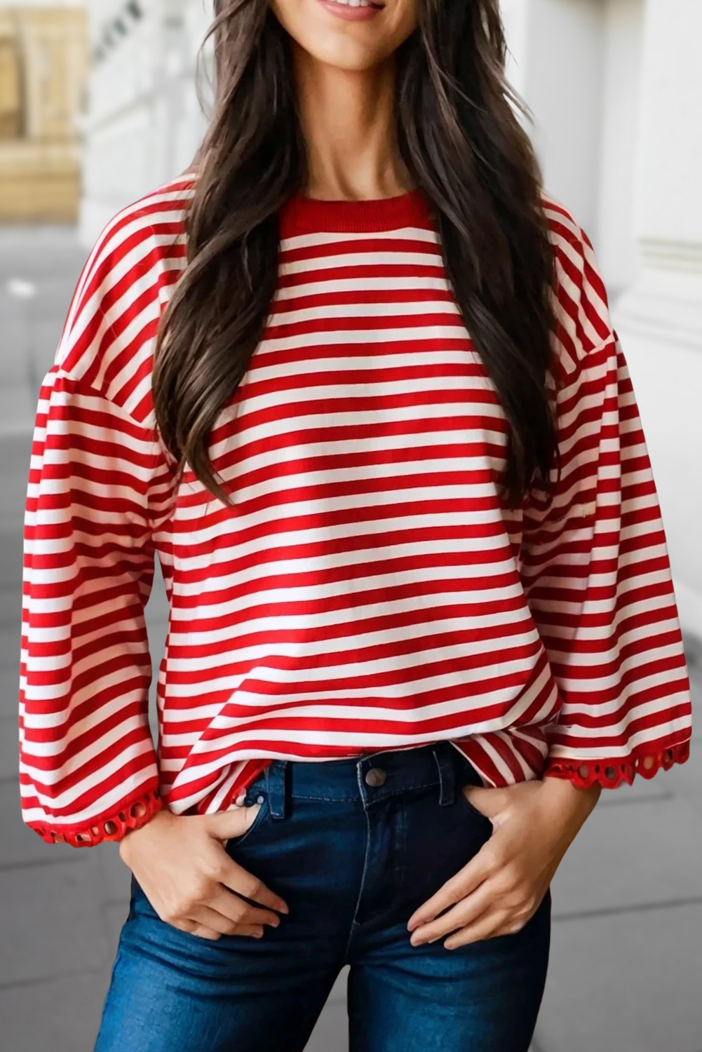 Aapparella - Wholesale Blouse - Women's - Stripe Ric Rac Trim 3/4 Sleeve Loose Top | S-XL1