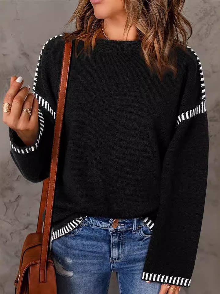 Rosa Clothing - Wholesale Knit Sweater - Women's - Contrasting Cable Knit Pullover Sweater