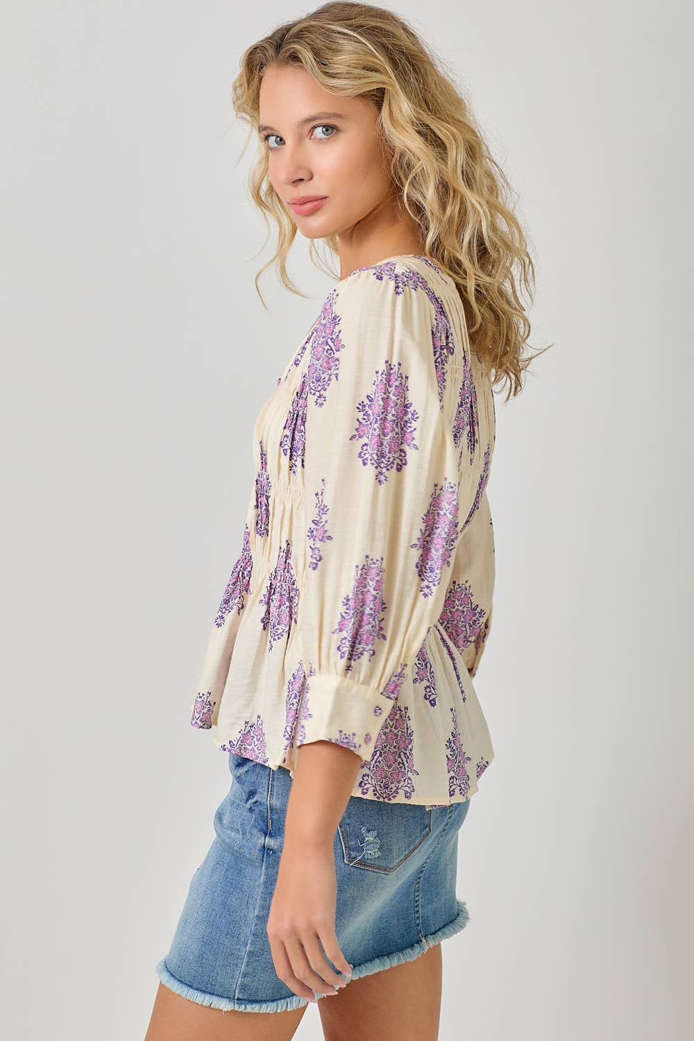 Ivory 61109 Puff Sleeve Smocked Blouse for wholesale on Faire7