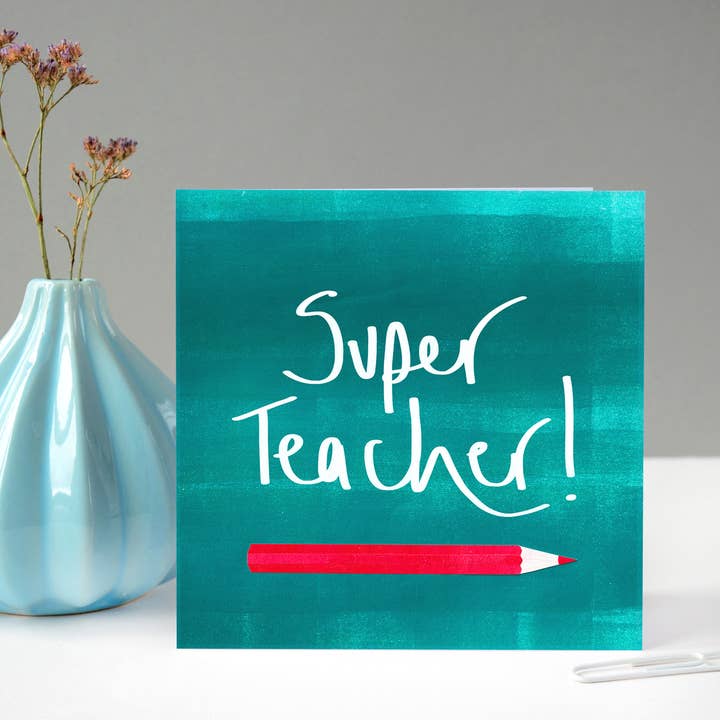Super Teacher Pink Pencil Card for wholesale by Fiona Clabon Illustration