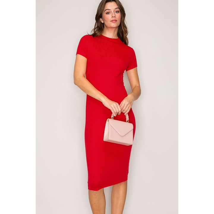 Double Layer Funnel Neck Short Sleeve Midi Dress for wholesale by Popular 21