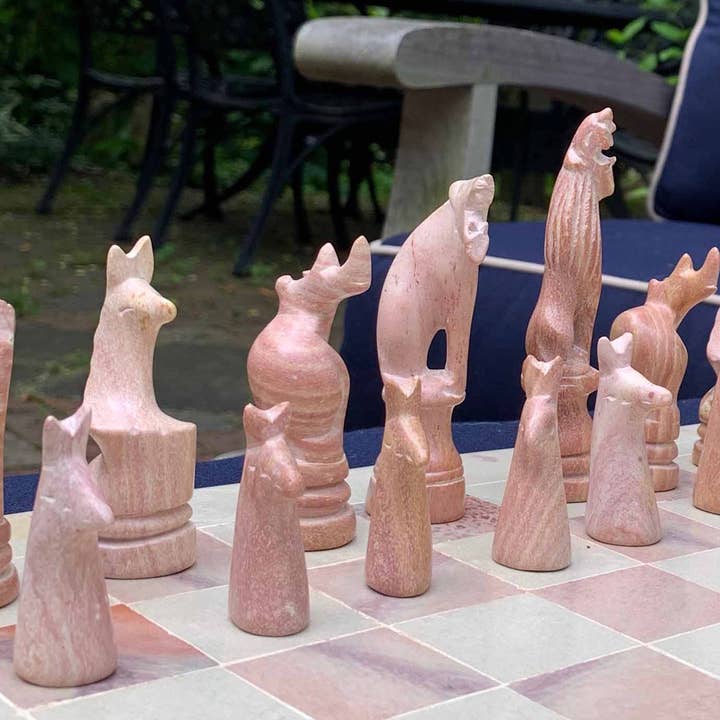 Global Crafts - Wholesale Board Game - Africa Soapstone Carved Chess Set - Safari Animals Pink/Nat7