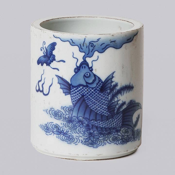 Tiny Blue and White Porcelain Leaping Carp Cachepot for wholesale by Cobalt Guild