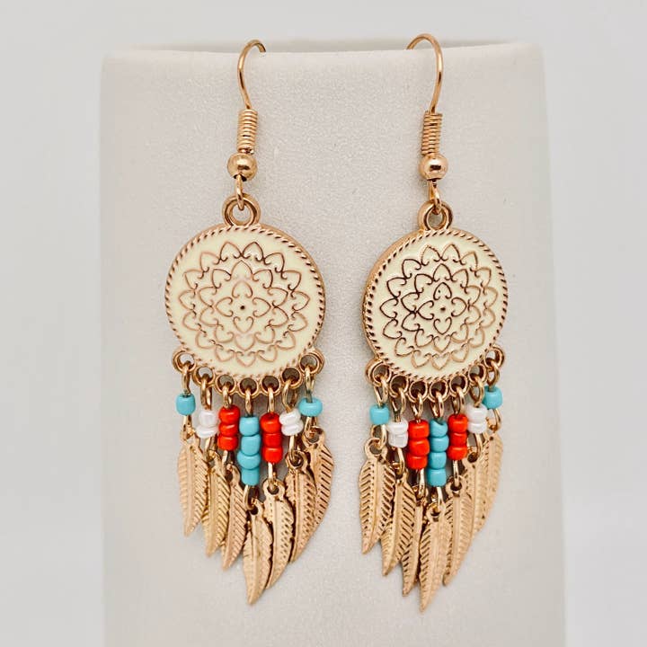 As shown Flower Pattern Rice Bead Metal Leaf Tassel Earrings for wholesale on Faire