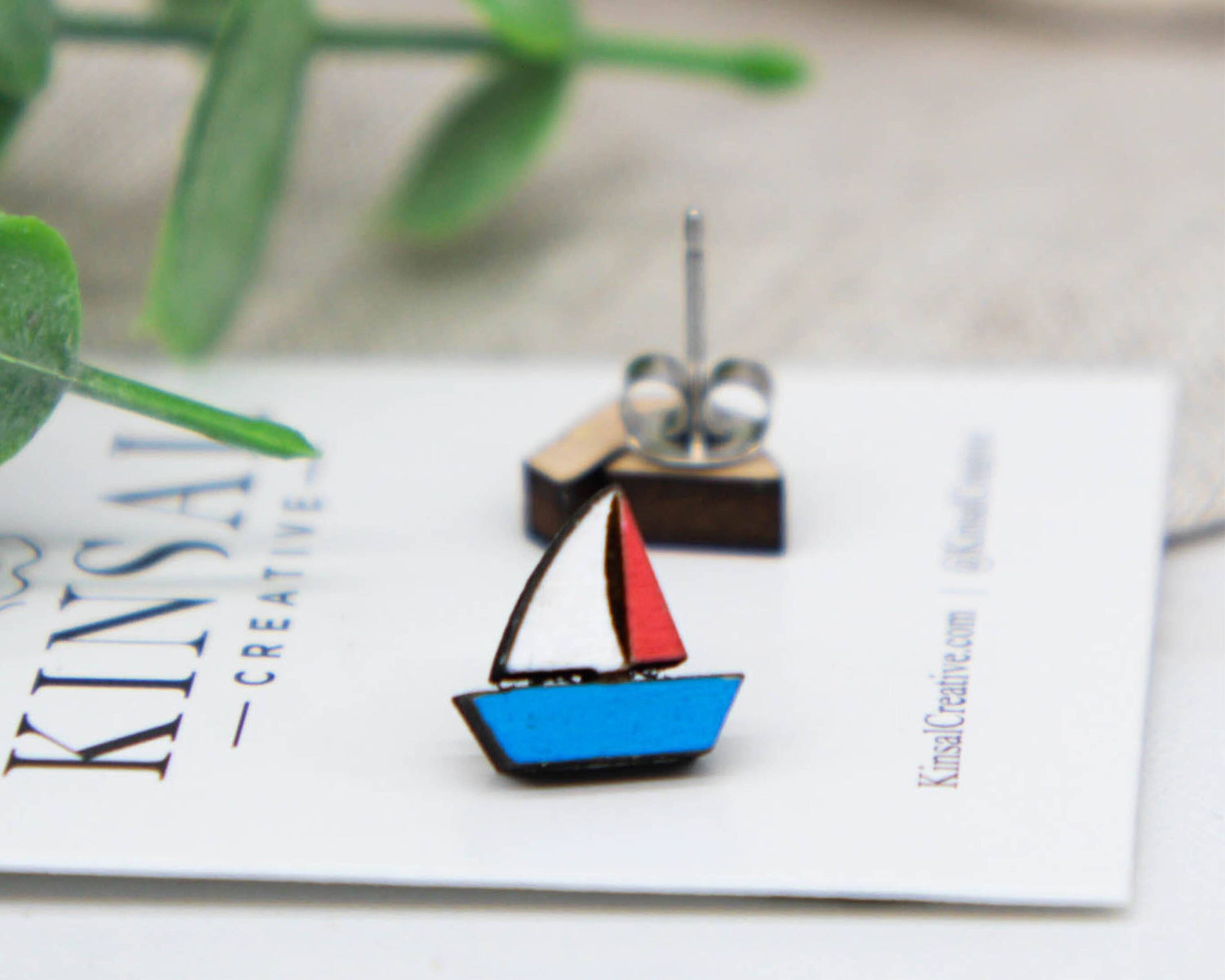 Kinsal Creative - Wholesale Stud/Post Earrings - Sailboat Wood Stud Earrings1