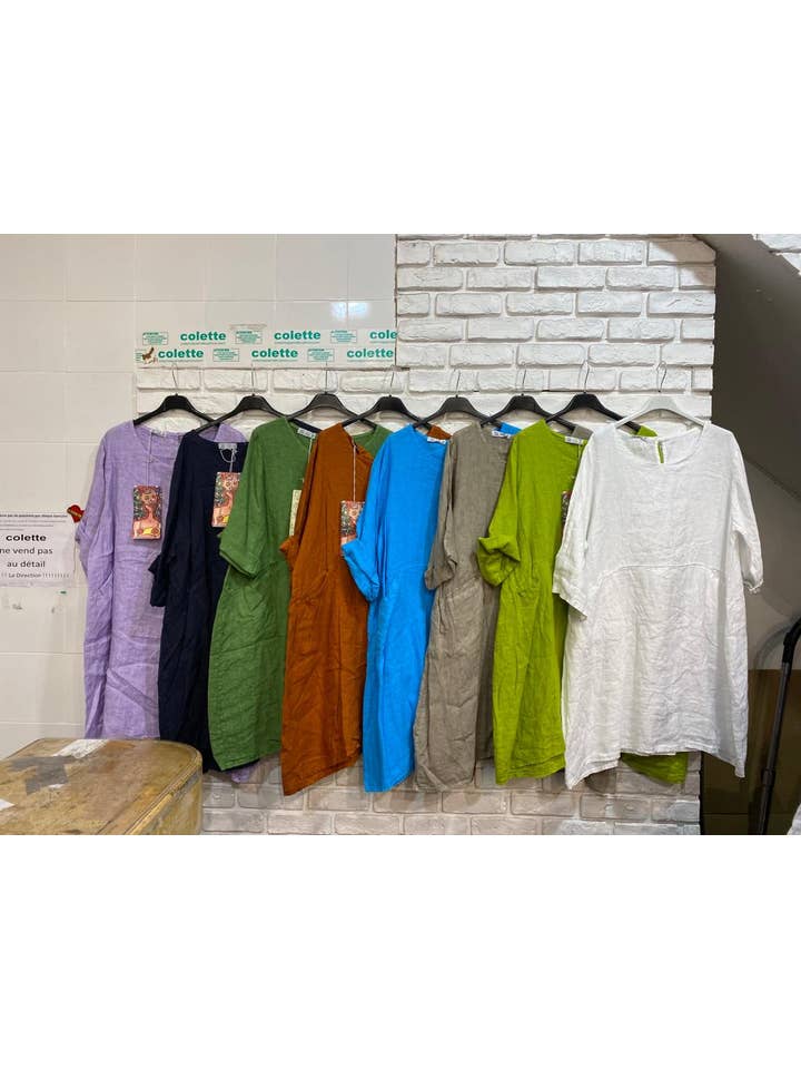 la maison des fibres naturelles - Wholesale Dress - Women's - Short linen dress with round neck 100% linen 6719