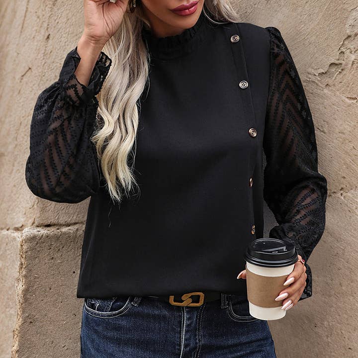 Black Button Trim Splicing Pullover Long Sleeve Commuter Shirt for wholesale on Faire