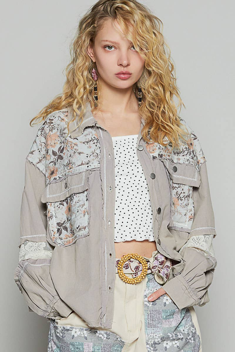 Pol Clothing - Wholesale Shirt Jacket/Shacket - Women's - Balloon sleeve printed woven mixed denim shacket SALE16