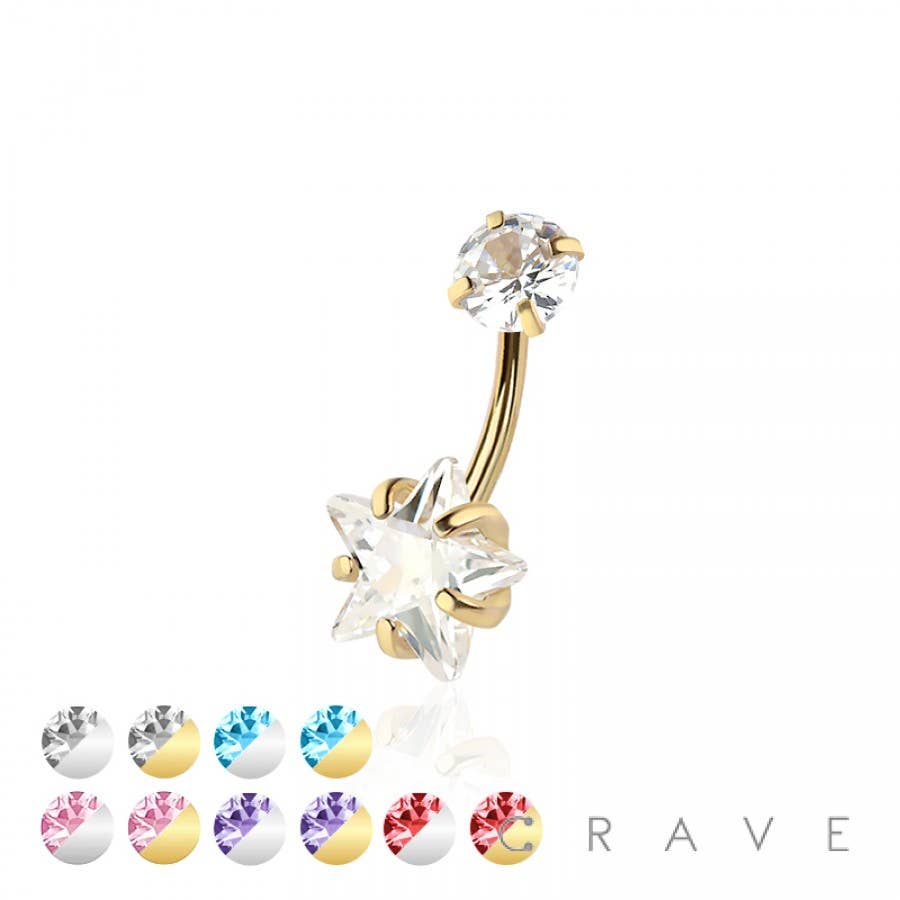 CRAVE - Wholesale Belly Ring - DOUBLE PRONG SET STAR CZ 316L SURGICAL STEEL NAVEL RING6