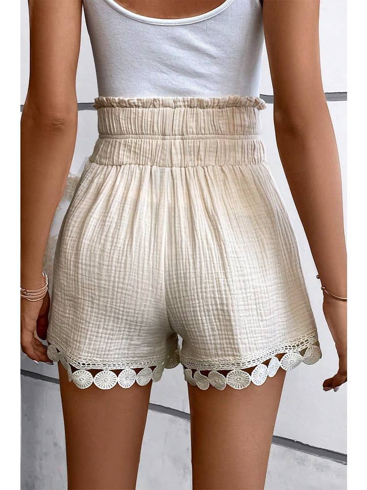 Apricot Textured Frilled Knotted High Waist Lace Hem Shorts for wholesale on Faire1