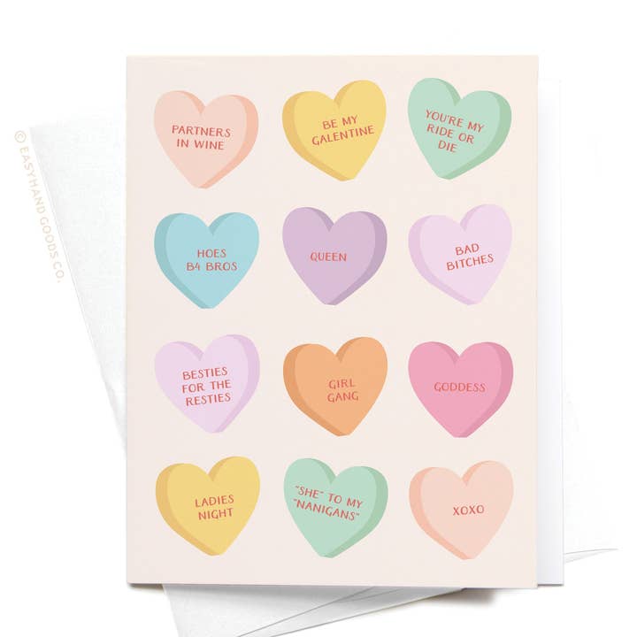 Galentine’s Candy Hearts Greeting Card for wholesale by Easyhand Goods – formerly Onderkast