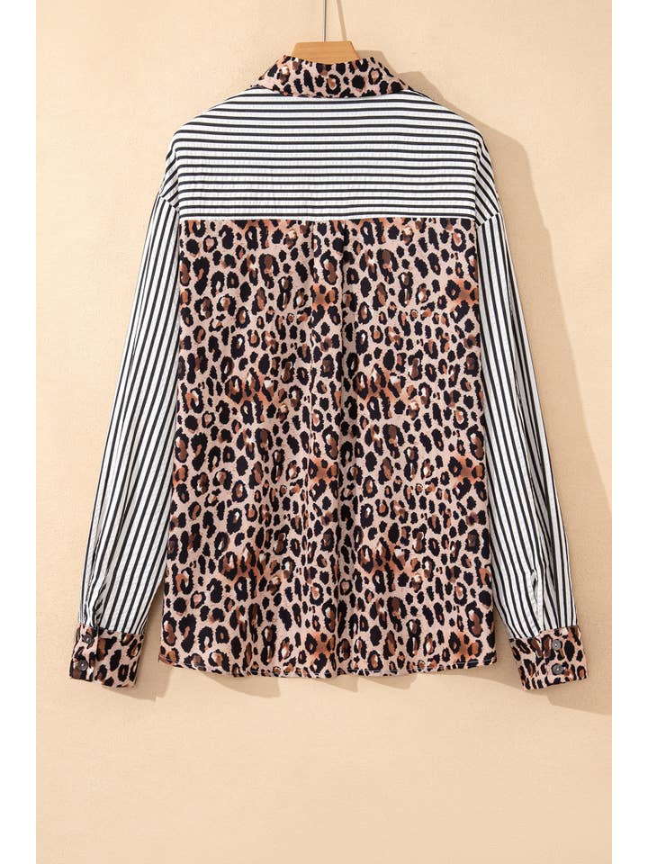 66DISCO - Vente Chemise à col boutonné – femme - Chemise à boutons léopard et rayures contrastées chic printemps 20268