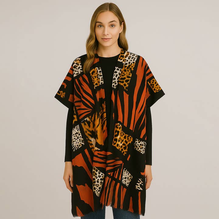 Multi Animal Print Open Front Kimono Poncho for wholesale by Sensibling Corp.