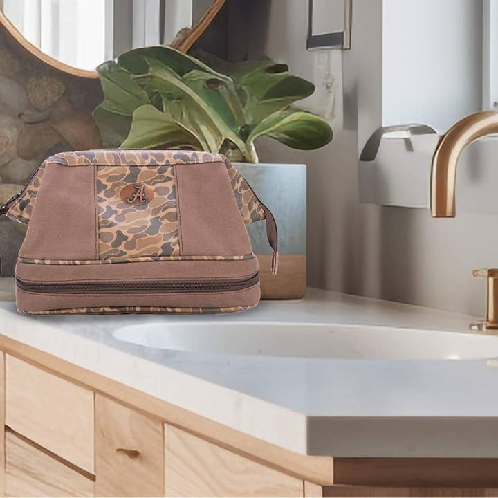 Brown Tan Alabama Crimson Tide Camo Canvas Toiletry Bag. for wholesale on Faire6