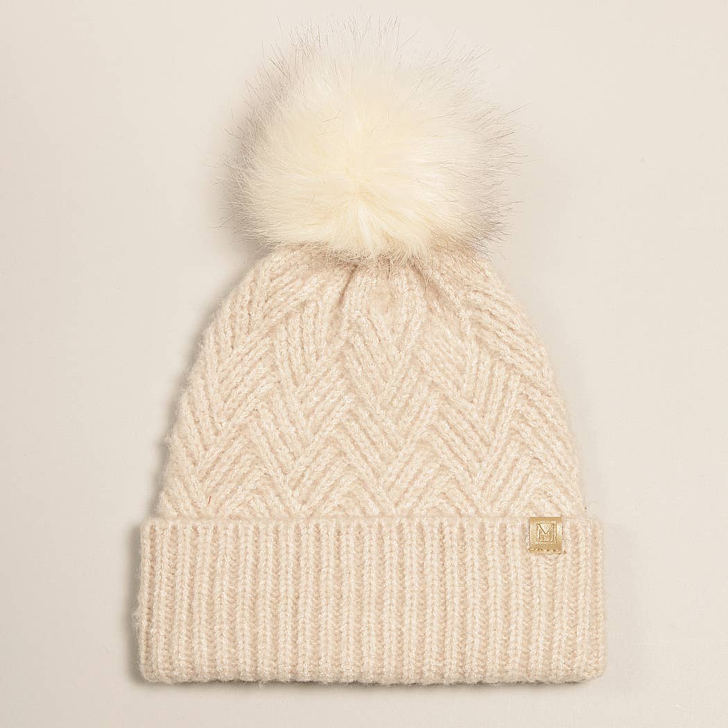 Fashion City - Wholesale Beanie - Dames - Chevron-gebreide muts met pompon van imitatiebont0